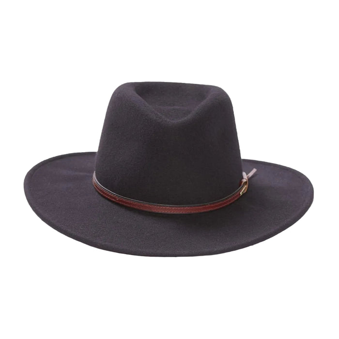 Stetson Bozeman black wool felt hat with a wide brim and brown leather hatband against a white background.