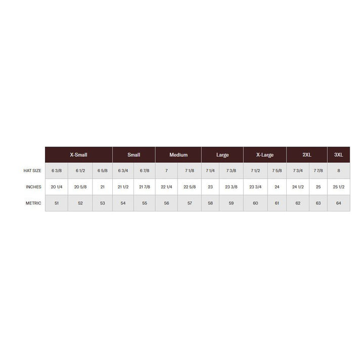 Stetson Bozeman hat size chart showing hat size, inches, and metric conversions from X-Small to 3XL.