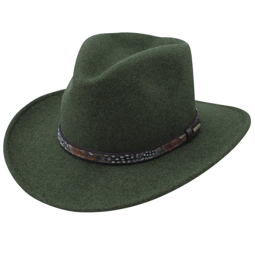 Olive green Stetson Expedition wool hat with a patterned leather band and wide brim against a white background.