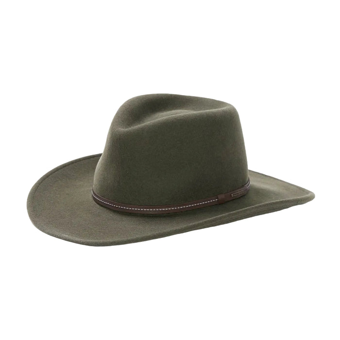 Olive green crushable wool Stetson Gallatin hat with a brown leather band and a 3¼-inch brim.