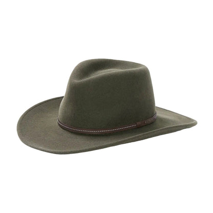 Olive green crushable wool Stetson Gallatin hat with a brown leather band and a 3¼-inch brim.