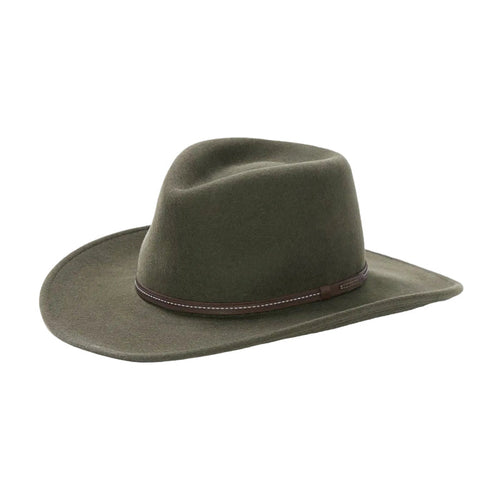 Olive green crushable wool Stetson Gallatin hat with a brown leather band and a 3¼-inch brim.