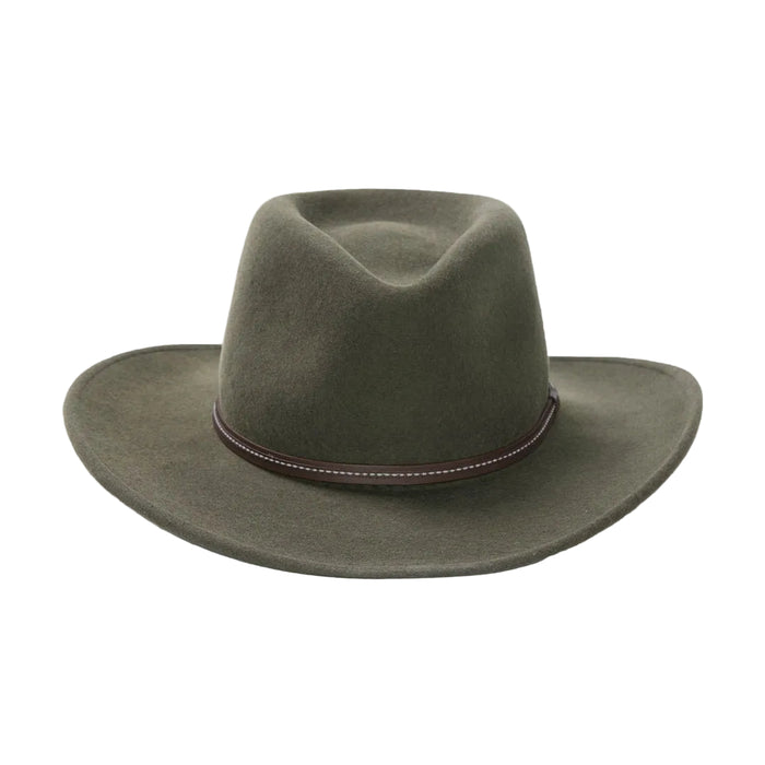 Olive green Stetson Gallatin crushable wool hat with a 3¼-inch brim and a brown leather hat band.