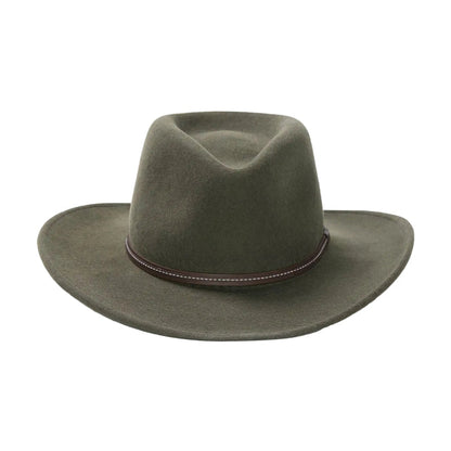 Olive green Stetson Gallatin crushable wool hat with a 3¼-inch brim and a brown leather hat band.