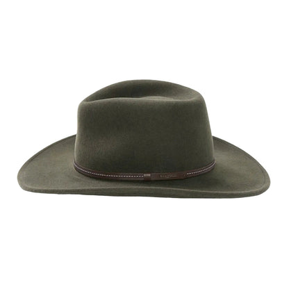 Olive green crushable wool Stetson Gallatin hat with a 3¼ inch brim and a brown leather hat band.