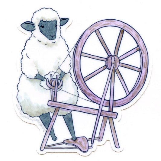 Sticker of a sheep operating a spinning wheel on a white background