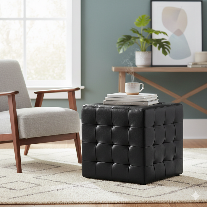 Stylish Black Tufted Faux Leather Ottoman Pouffe - Versatile Square Footrest & Extra Seating for Home