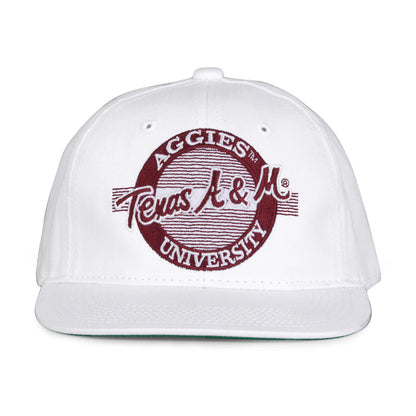 Texas A&M Retro Circle snapback hat in white, front view