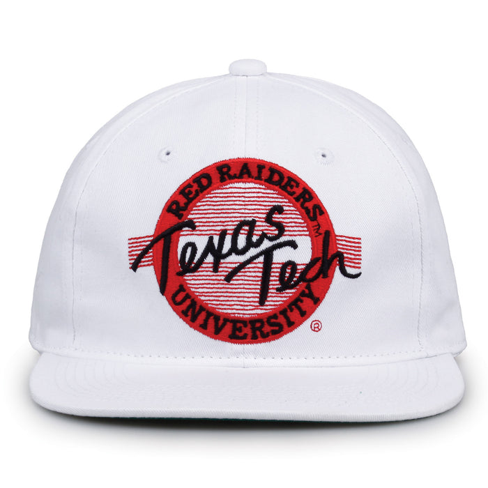 Texas Tech Retro Circle snapback hat in white, front view