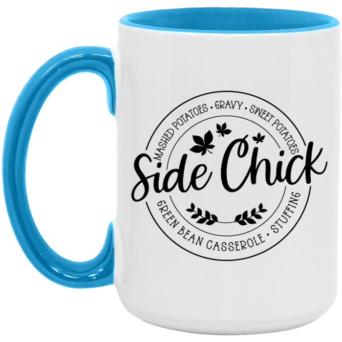 Thanksgiving Holiday Side Chick ceramic coffee mug in White/Light Blue