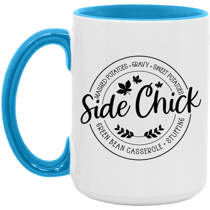 Thanksgiving Holiday Side Chick ceramic coffee mug in White/Light Blue