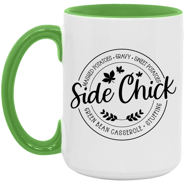 Thanksgiving Holiday Side Chick ceramic coffee mug in White/Light Green