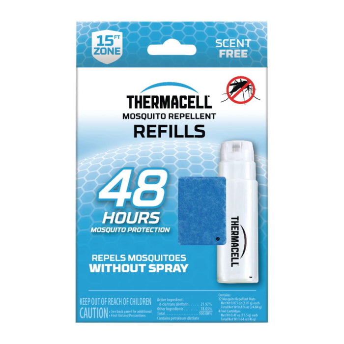 Thermacell 48-hour mosquito repellent refill pack featuring blue scent-free mats and a white fuel cartridge.