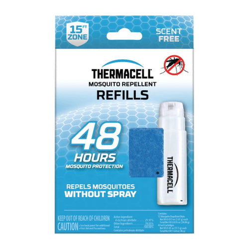 Thermacell 48-hour mosquito repellent refill pack featuring blue scent-free mats and a white fuel cartridge.