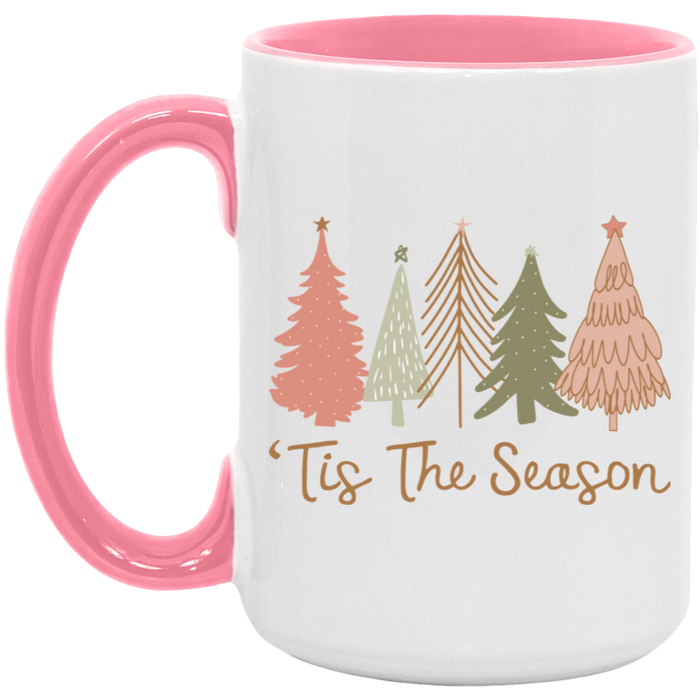'Tis The Season Boho Christmas Trees 15 oz ceramic coffee mug in White/Pink