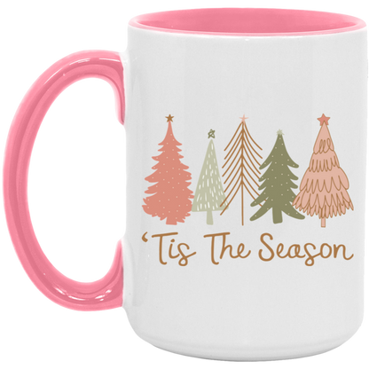 'Tis The Season Boho Christmas Trees 15 oz ceramic coffee mug in White/Pink