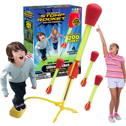 Stomp rocket toy with packaging and children playing with it