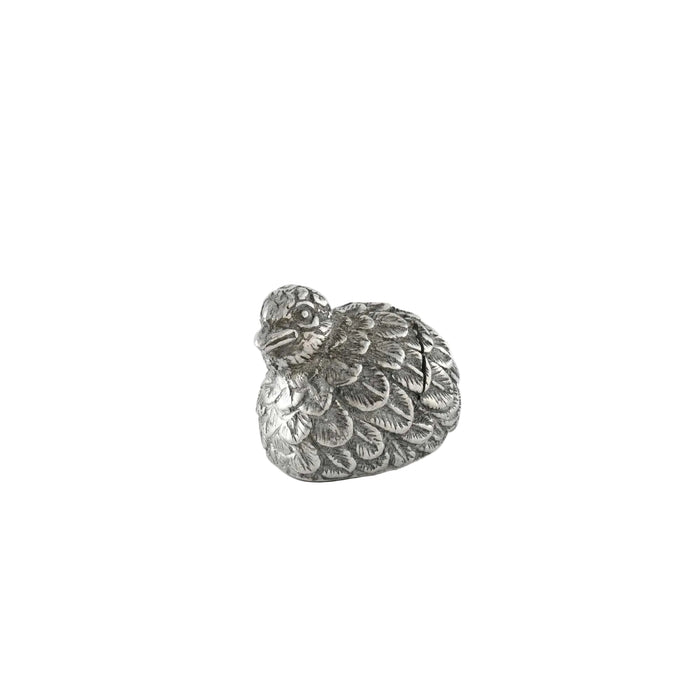 Detailed silver pewter quail place card holder with intricate feather textures, measuring 3 inches long.