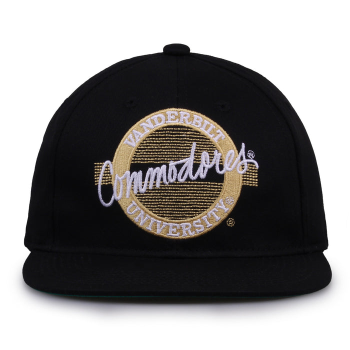 Vanderbilt Retro Circle snapback hat in black, front view