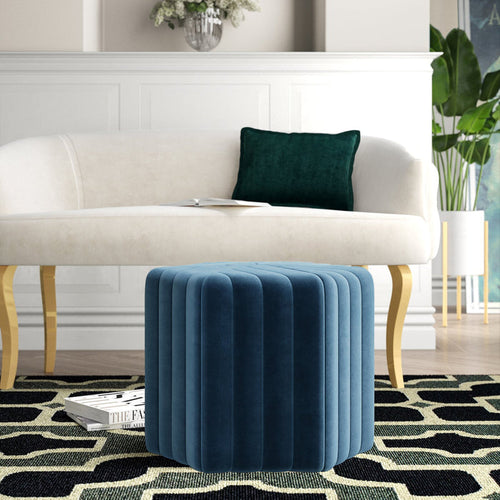 Velvet Round Ottoman with Channel Tufting - Plush Footrest & Seat for Living Room, Bedroom