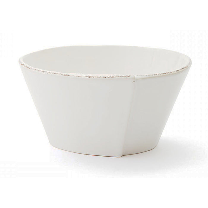 White Vietri Lastra ceramic cereal bowl with a rustic, stackable design and a distressed brown rim detail.