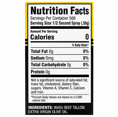 A Nutrition Facts label for Wagyu Beef Tallow, Extra Virgin Olive Oil, showing 0 calories per serving, with a black and white design and a yellow border.