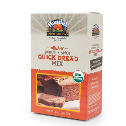 Box of Wanda's Organic Pumpkin Spice Quick Bread Mix with an image of a pumpkin spice loaf on the front, and the USDA organic and gluten-free labels displayed.