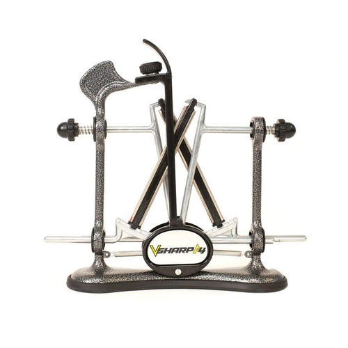 Warthog V-Sharp A4 diamond knife sharpener with a black granite finish, adjustable angle arms, and dual sharpening rods.