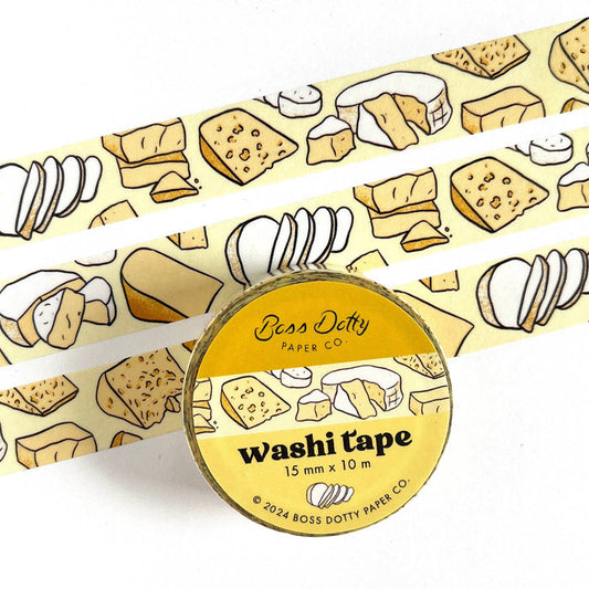 Washi tape with cheese design and Boss Dotty Paper Co. branding on a white background