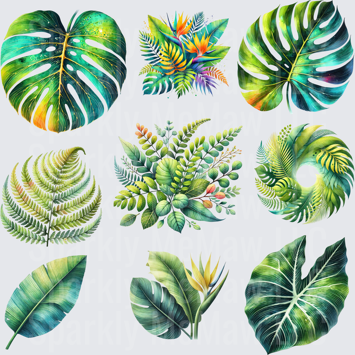 Watercolor Tropical Leaves Bundle 10x10 inch sheet