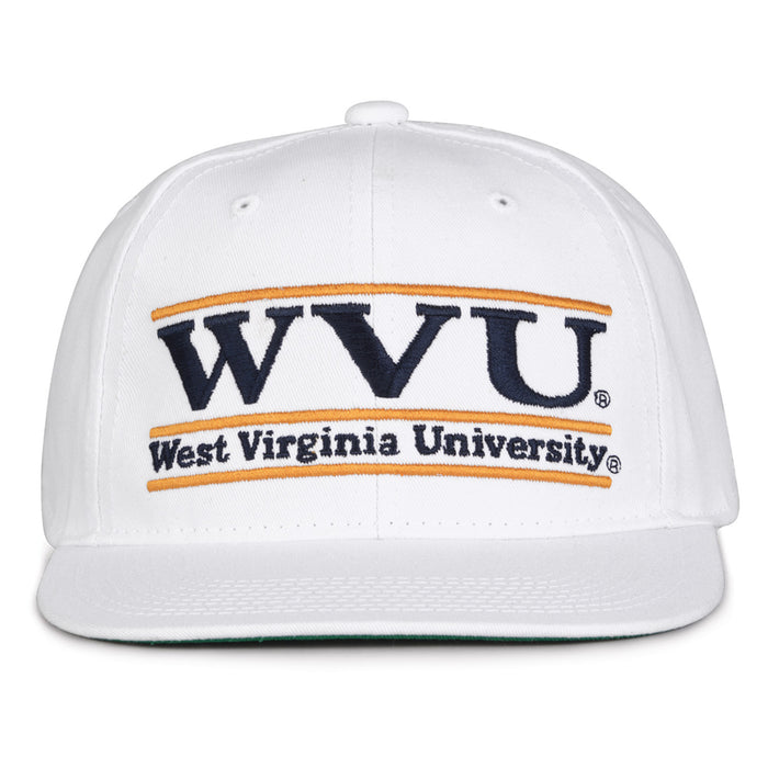 West Virginia Retro Bar snapback hat in white, front view