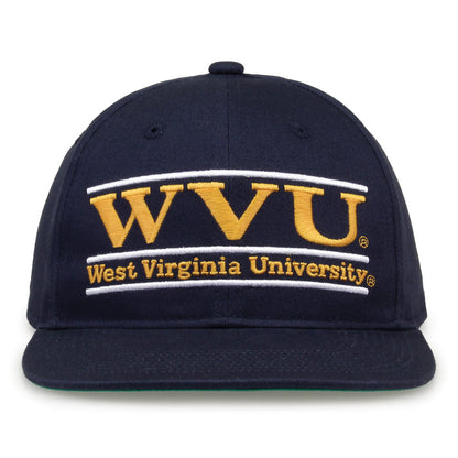 West Virginia Retro Bar snapback hat in navy, front view