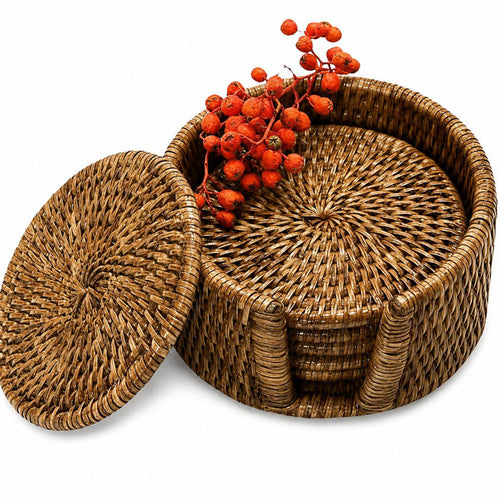 Handcrafted 7-piece round wicker coaster set in natural brown rattan with a matching storage holder and lid.