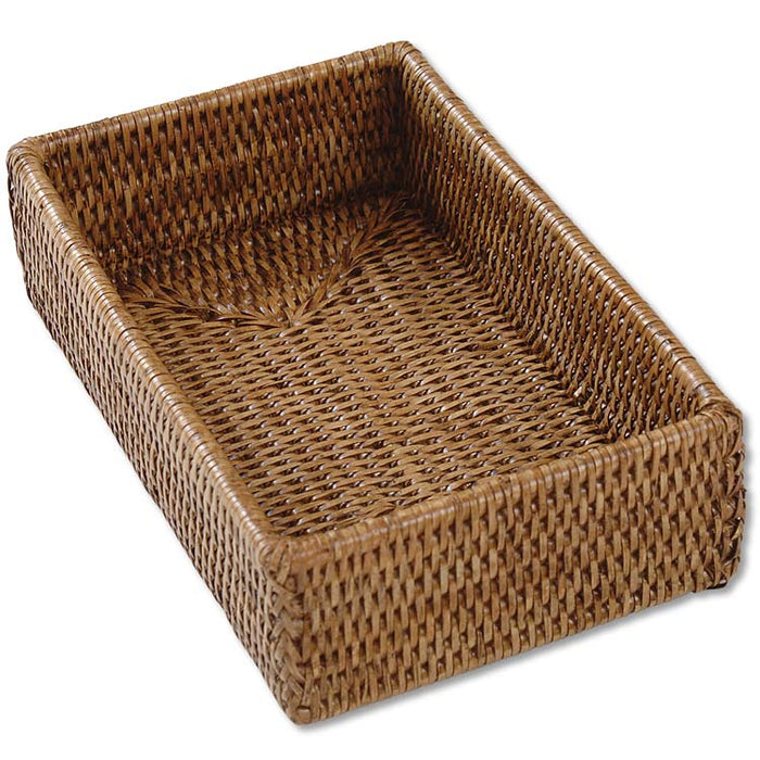 Handwoven brown wicker guest towel basket with a rectangular, durable design for bathrooms or dining tables.