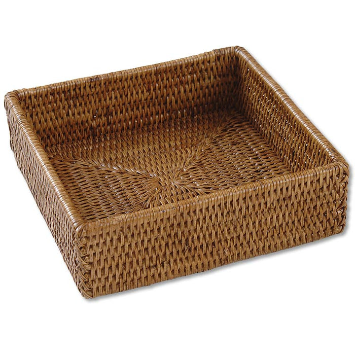 Handwoven square wicker napkin basket in a natural brown finish, 8-inch wide artisanal tabletop organizer.