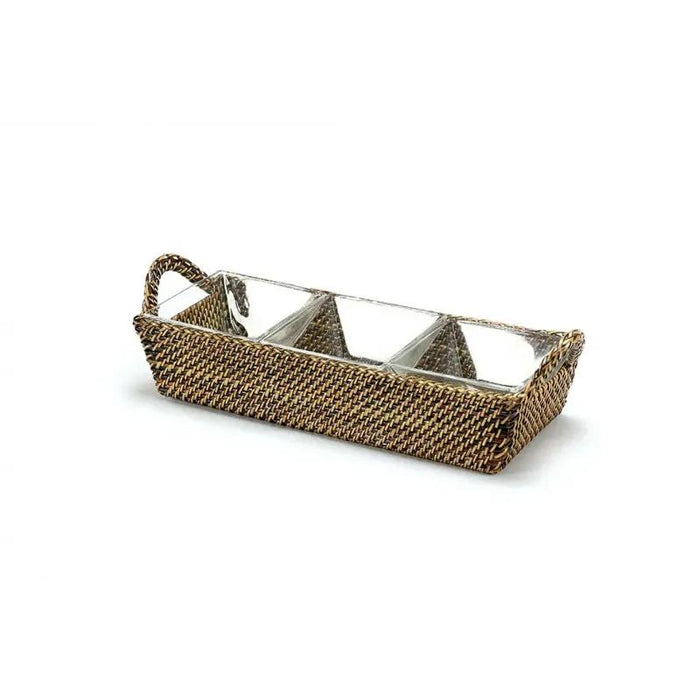 Handwoven rectangular watervine tray with three square glass serving dishes and side handles.