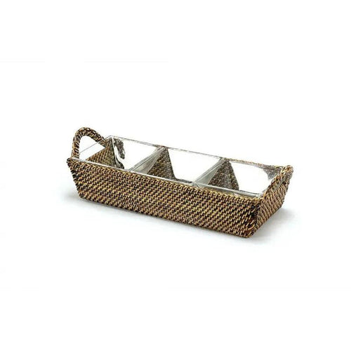 Handwoven rectangular watervine tray with three square glass serving dishes and side handles.