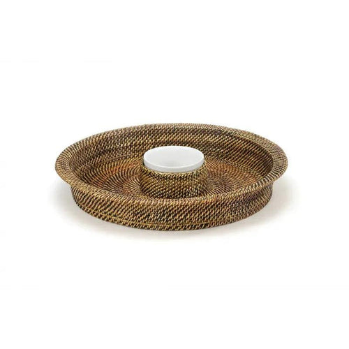 Handwoven round watervine chip and dip tray with a white Pillivuyt ceramic center dish.