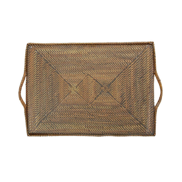 Handwoven rectangular watervine serving tray with a glass bottom and integrated handles, 17 by 12 inches.
