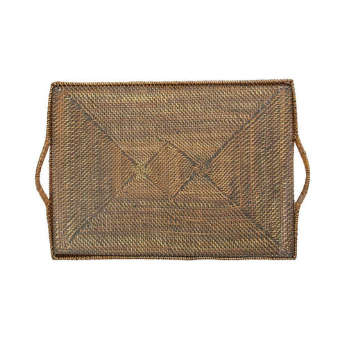 Handwoven rectangular watervine serving tray with a glass bottom and integrated handles, 17 by 12 inches.