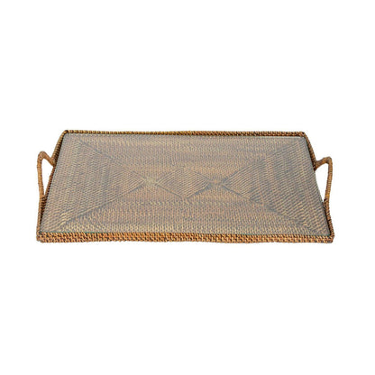Handwoven rectangular watervine serving tray with a clear glass bottom and side handles, 17 by 12 inches.