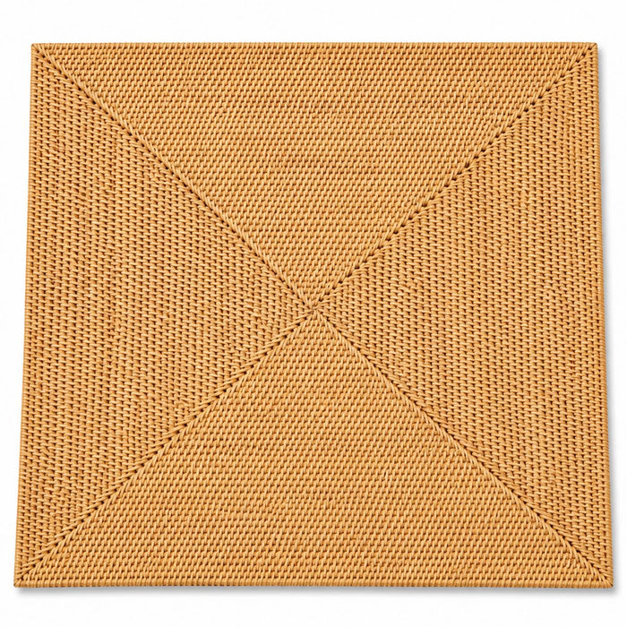Handwoven 13-inch square wicker placemat in a natural tan finish with a detailed diagonal weave pattern.