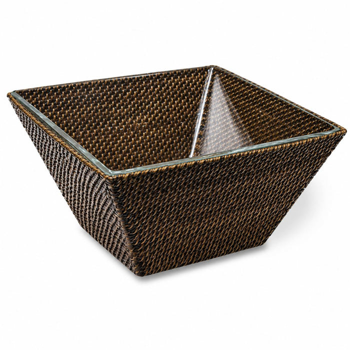 Handwoven 10-inch square watervine salad bowl with a dark brown finish and a clear glass interior insert.