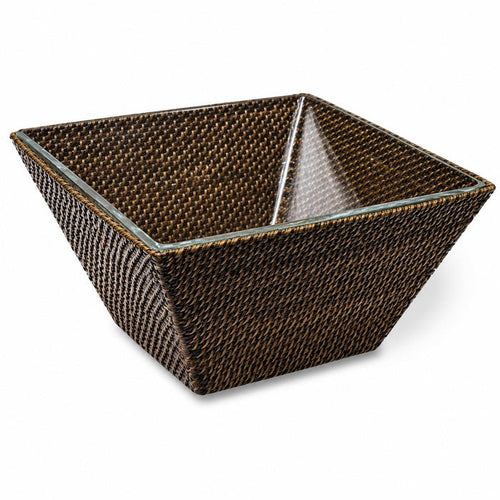Handwoven 10-inch square watervine salad bowl with a dark brown finish and a clear glass interior insert.