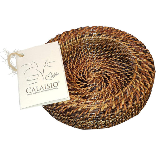 Handwoven round wine coaster made from sustainable brown water vines with a branded Calaisio product tag.