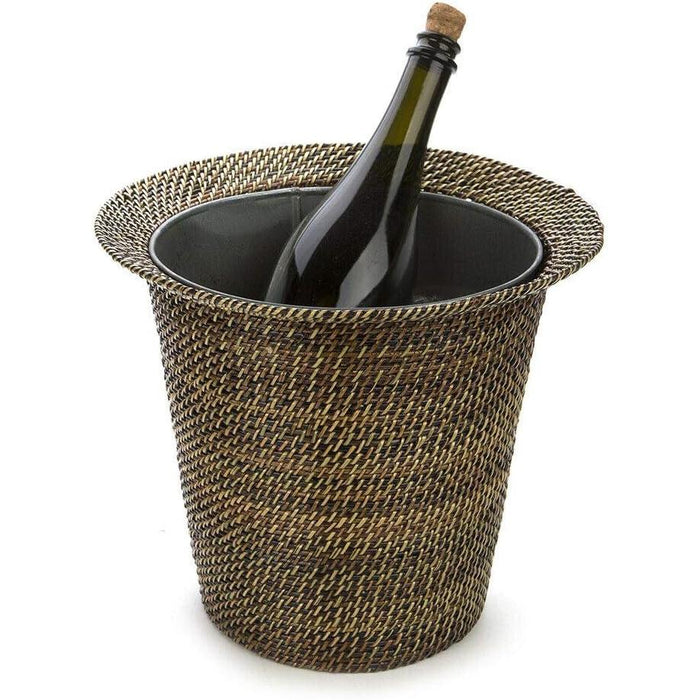 Handwoven water vine wine bucket with a galvanized insert and a wine bottle, 11-inch diameter, natural brown finish.