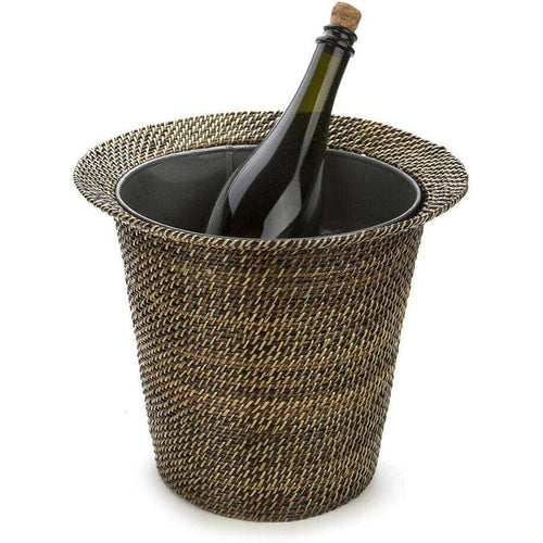 Handwoven water vine wine bucket with a galvanized insert and a wine bottle, 11-inch diameter, natural brown finish.