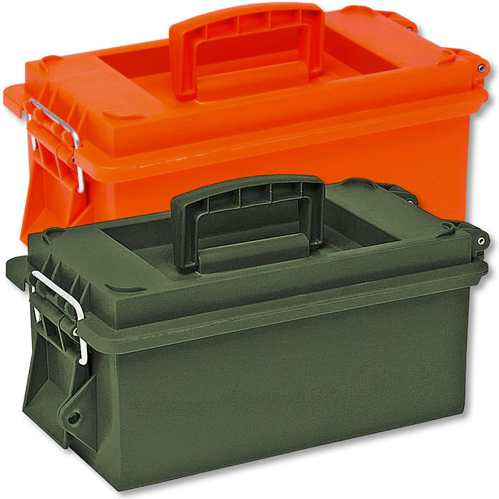 Orange and olive green heavy-duty co-polymer utility boxes with steel latches and folding carrying handles.