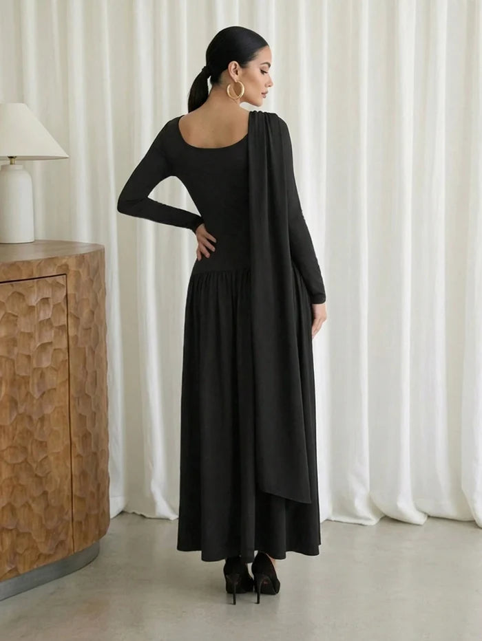 WOMEN'S ELEGANT SOLID COLOR DRESS WITH SASH