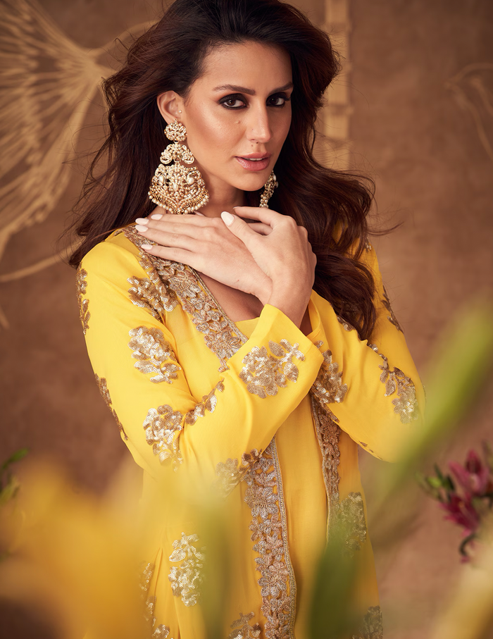 Yellow Sequinced Jacket Set
